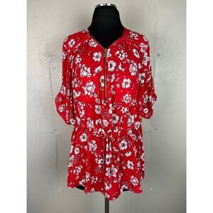 JUSTIFY BLOUSE 3X Womens Red White Floral Short Sleeve V Neck Top
